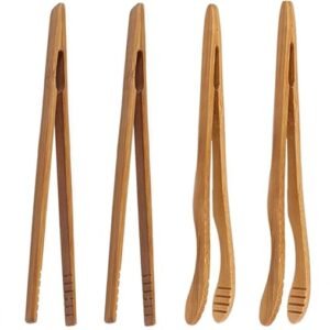 6 pack Bamboo Toaster Tongs - 7” Reusable Wood Cooking Tongs