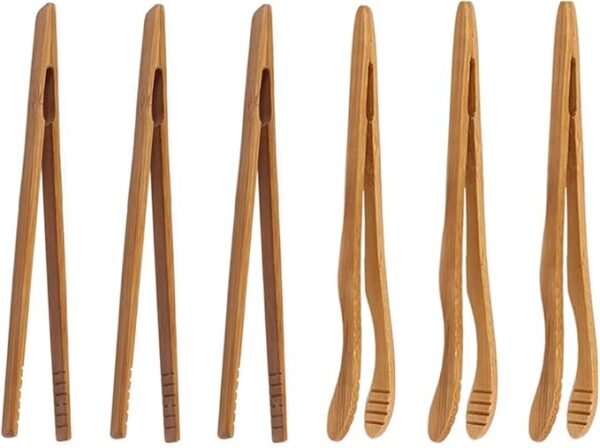 6 pack Bamboo Toaster Tongs - 7” Reusable Wood Cooking Tongs